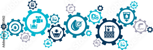 Clean water vector illustration. Blue concept with icons related to water purification and filtration / sewage treatment facility / water testing & quality, drinking water, sanitation technology.