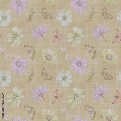 Seamless botanical abstract pattern. A background of flowers and butterflies for design, packaging, printing, wallpaper and scrabbooking.