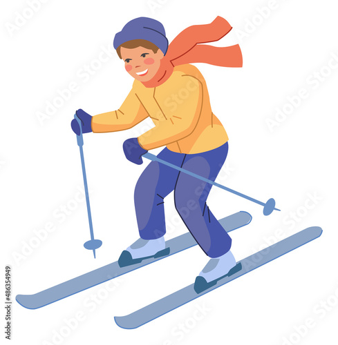 Kid skier in winter clothes. Happy smiling character