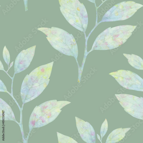 Abstract branch prints with leaves blend repeat seamless pattern. Digital hand drawn picture with watercolor texture. Mixed media art. endless motif for textile decor and design and scrapbooking