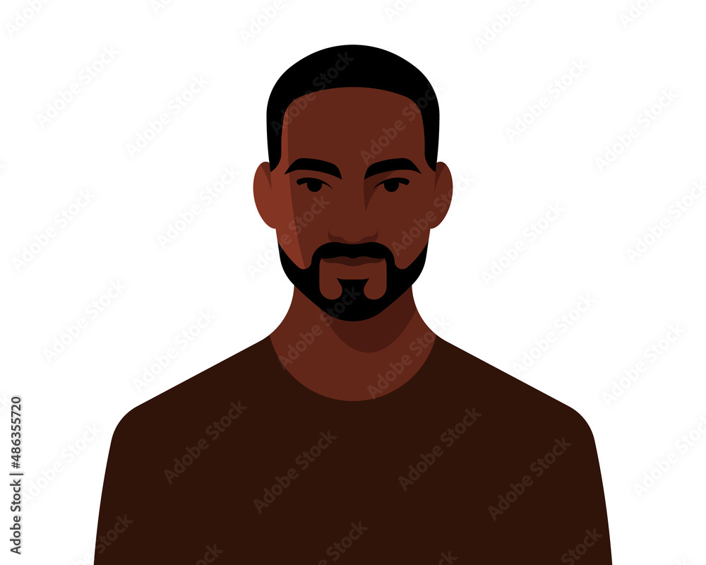 Handsome black man. Young man, front view portrait. Cheerful face, short black hair, beard. Male head and shoulders, casual clothes. Modern vector illustration for poster, banner, design. Handsome black man. Young man, front view portrait. Cheerful face, short black hair, beard. Male head and shoulders, casual clothes. Modern vector illustration for poster, banner, design.