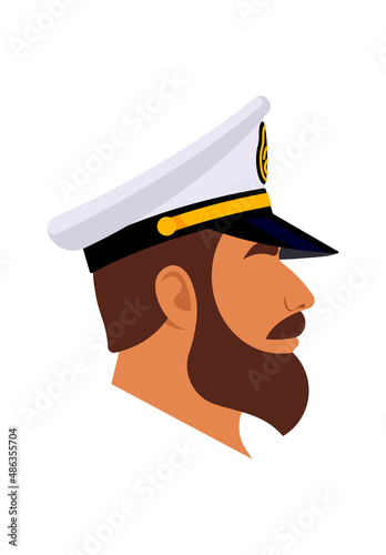 The Captain. Ships officer in white naval captain hat. Portrait mature man with beard, male profile, side view. Navy peaked cap, admiral, sailor. Modern vector illustration for poster, cover, design