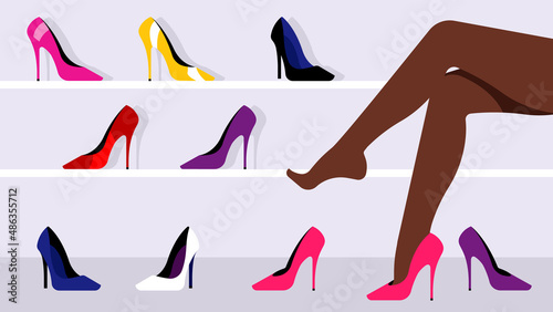 Slim female legs in red high heels. Red pumps shoe on slim feet. Different heels on the floor. Concept of shopping, fashion, footwear, wardrobe. Vector illustration for banner, cover, poster.