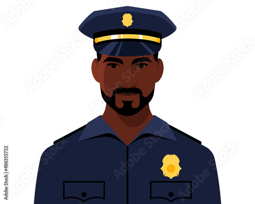 Female police officer. Portrait of black beautiful woman in police uniform, golden badge, blue peaked cap. Girl officer the law, smile, blue cop uniform. Vector illustration modern flat style.