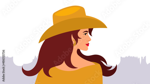 Cowgirl in cowboy hat. Portrait of beautiful woman wit long hair, yellow stetson hat. Wild west concept. Side view female face. Flat style Illustration for poster, cover, emblem, label.