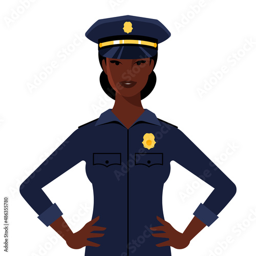 Female police officer. Portrait of black beautiful woman in police uniform, golden badge, blue peaked cap. Girl officer the law, smile, blue cop uniform. Vector illustration modern flat style.