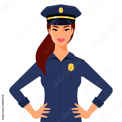 Female police officer. Portrait of beautiful woman cop in police uniform, golden badge, blue peaked cap. Girl officer the law, smile, white person, front. Vector illustration in modern flat style.