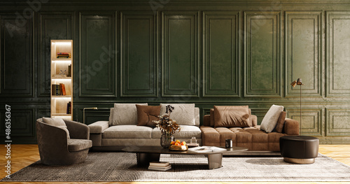 Illustration 3D rendering large luxury modern bright interiors Living room mockup computer digitally generated image