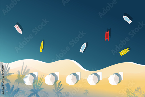 Beautiful turquoise sea with boats and catamarans. Beach with sun umbrellas and shades from palm trees. Aerial view.
