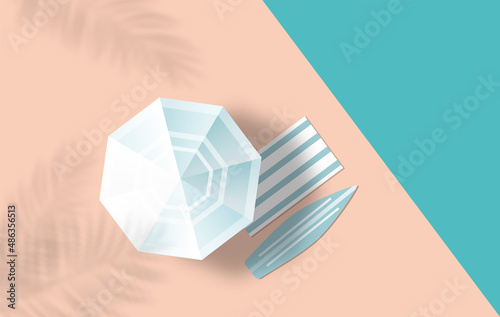 Summer vacation concept. Sun umbrella, beach accessories  and 
surfboard.  Top view.  