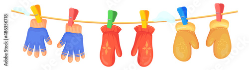 Hanging mittens. Cartoon warm gloves. Winter symbol