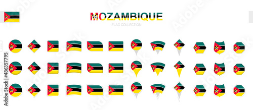 Large collection of Mozambique flags of various shapes and effects.