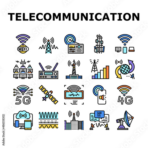 Telecommunication Technology Icons Set Vector. Telecommunication Tower And Antenna, Analog Transmitter And Connection Devices, Internet Network For Broadcasting Line. Color Illustrations