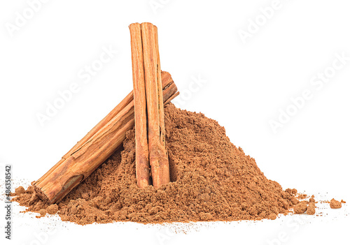 Ceylon cinnamon sticks with powder isolated on a white background