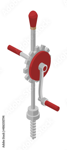 Manual drill - isometric vector illustration isolated on white. Flat color design.