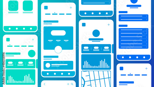 Set of UI UX Wireframes, GUI screens any app flat design template for mobile apps, responsive website application wireframes. Web design UI kit.