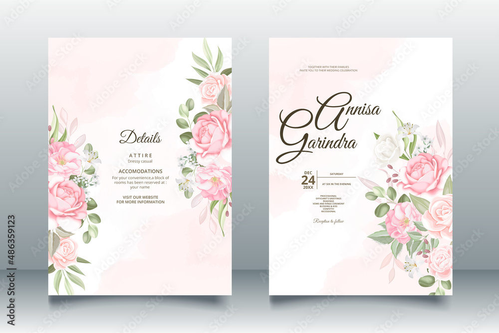  romantic  Wedding invitation card template set with  beautiful  floral leaves Premium Vector