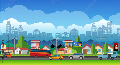 Vector illustration, suburban atmosphere, with multi-storey buildings as background