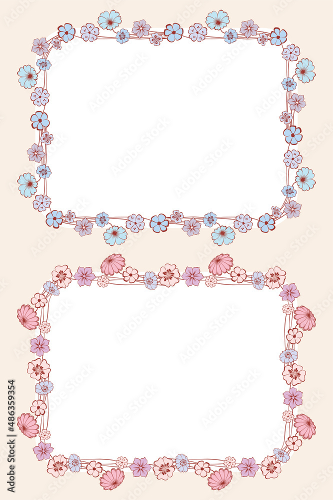 Decorative greeting cards with floral borders from delicate blue,pink and lilac daisies and bluebells Decorative greeting cards with floral borders from delicate blue,pink and lilac daisies and bluebells
