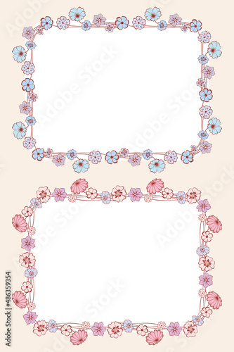 Decorative greeting cards with floral borders from delicate blue pink and lilac daisies and bluebells