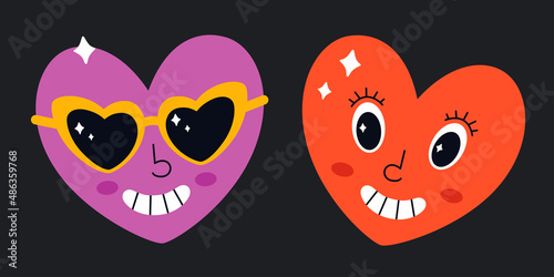 Cute cartoon hearts character in retro style with eyes. Hippie, psychedelic, retro and vintage style. Vector illustration