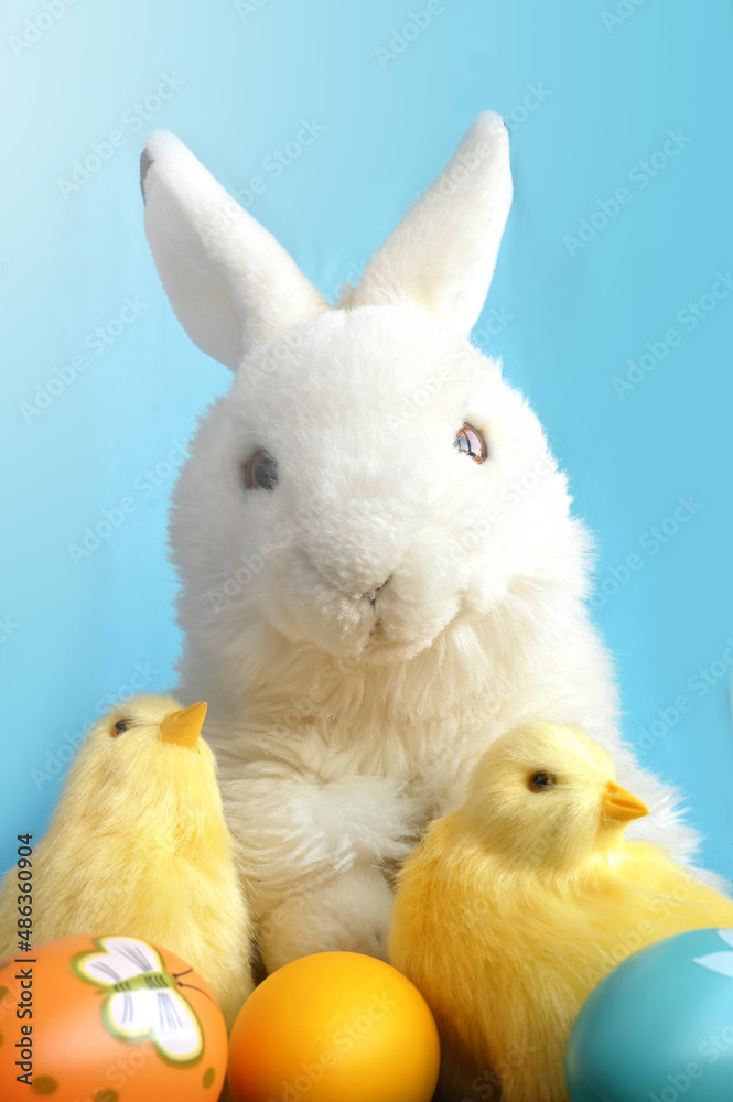 Easter bunny rabbit with painted eggs and chicken on blue background. Easter holiday concept. Easter bunny rabbit with painted eggs and chicken on blue background. Easter holiday concept.
