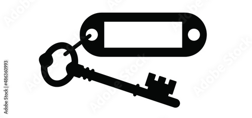 plastic keyring and label. Empty label for hotel ( password ). Work, home or house bunch key. ock or unlock estate and close apartment. Cartoon old antique ornate door key sign. Door keys.