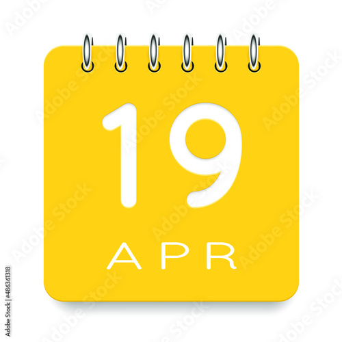 19 day of the month. April. Cute yellow calendar daily icon. Date day week Sunday, Monday, Tuesday, Wednesday, Thursday, Friday, Saturday. Cut paper. White background. Vector illustration.