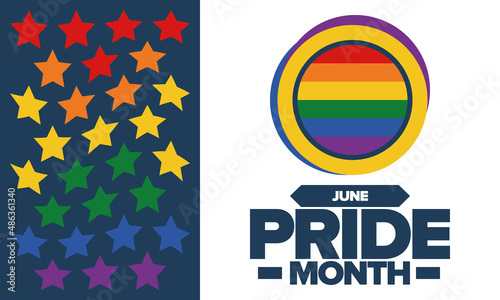 Pride Month in June. LGBT flag. Lesbian Gay Bisexual Transgender. Celebrated annual. Rainbow colours, love concept. Human rights and tolerance. Poster, banner and background. Vector illustration