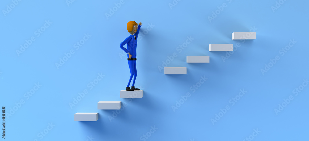 Businessman on staircase with one step missing. Facing problems and looking for solutions. Copy space. 3D illustration. Cartoon. Businessman on staircase with one step missing. Facing problems and looking for solutions. Copy space. 3D illustration. Cartoon.