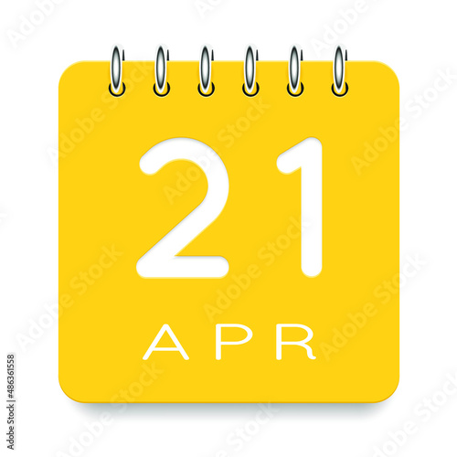 21 day of the month. April. Cute yellow calendar daily icon. Date day week Sunday, Monday, Tuesday, Wednesday, Thursday, Friday, Saturday. Cut paper. White background. Vector illustration.