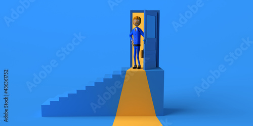 Businessman coming out of a half-open door. Copy space. 3D illustration. Cartoon.