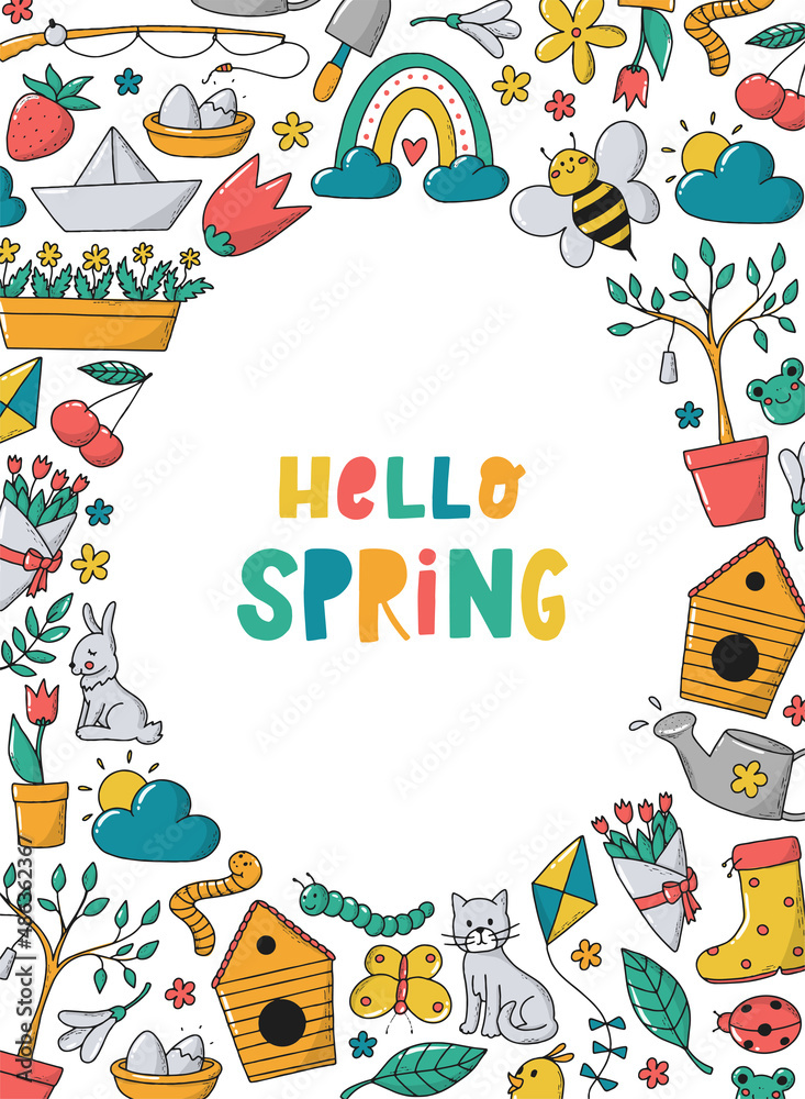 cute lettering quote Hello Spring decorated with frame of hand drawn doodles on white background. Good for posters, prints, greeting cards, templates, invitations, easter decor, etc. EPS 10 cute lettering quote Hello Spring decorated with frame of hand drawn doodles on white background. Good for posters, prints, greeting cards, templates, invitations, easter decor, etc. EPS 10