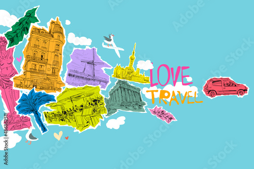 Vector illustration with world famous landmarks and driving car. Template design pop art style. Travel agency banner collage backgrounds.