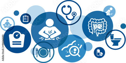 Intestinal disease vector illustration. Concept with connected icons related to irritable bowel disease, inflammatory bowel syndrome, colitis ulcerosa or stomach pain, gastrointestinal disease. photo