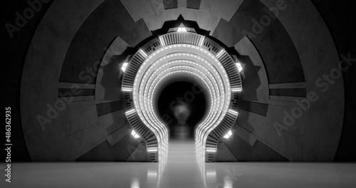 Fototapeta Naklejka Na Ścianę i Meble -  3d rendering. A row of futuristic sci-fi arches with white neon lighting in a dark marble hall.