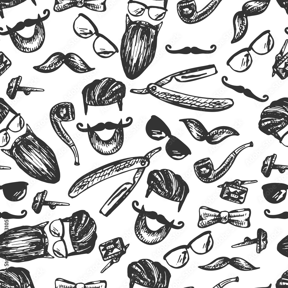 image for men, seamless pattern_image for men, style, graphics, black outline, silhouette, simple symbols of men's accessories, hairstyle, beard, mustache, glasses, butterfly, tube, razor, cuffs, clip
