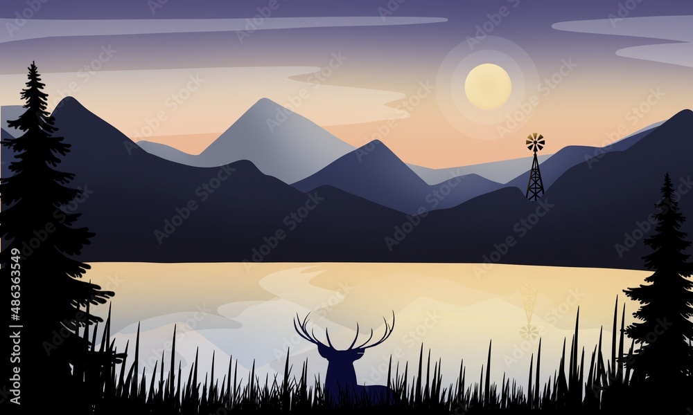 Illustration sunset in the mountains or sunset on the lake, river, sea and a deer next to windmill
