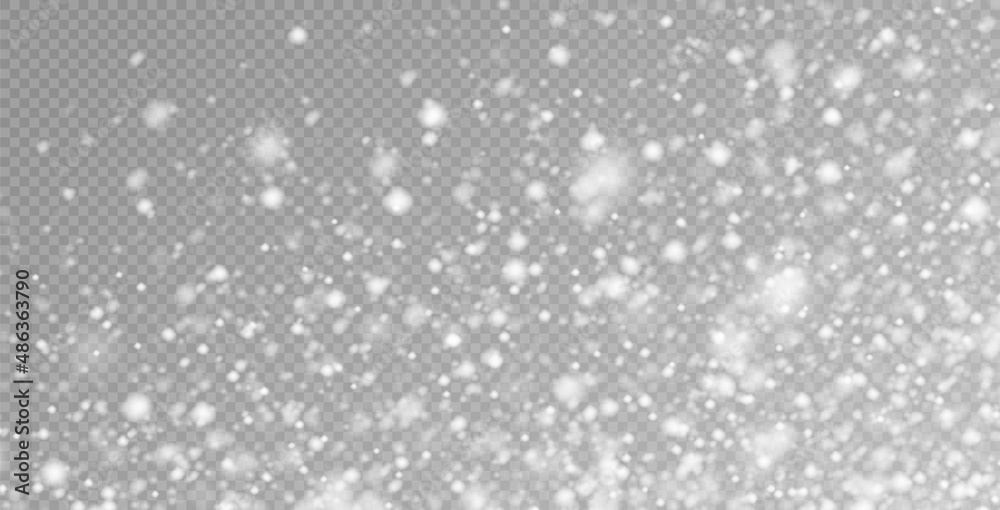 Falling snow in motion, circular frame isolated on a transparent background. White blurred snowflakes flying in the air. Christmas decoration. Vector illustration.