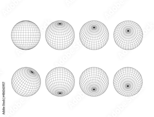 Set sphere grid. Globe grid with ongitude, latitude and equator for cartography. 3d mesh planet earth. Group of geometric round shapes. Vector line illustration. photo