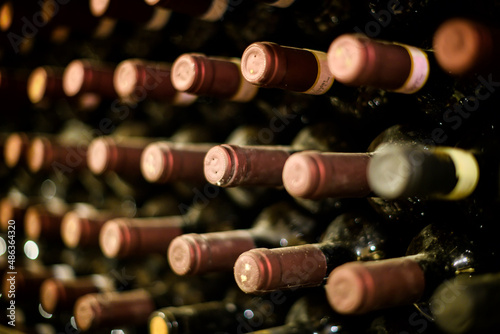 Rows of red wine bottles maturing in a cellar on racks photo