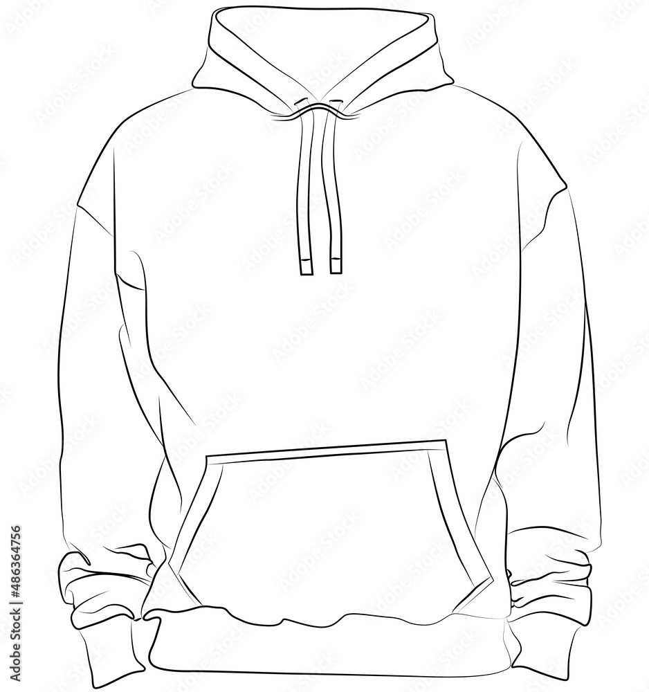 Generous and wide fitting hooded hoodie, Hooded Pullover with kangaroo pocket. Pattern (sewing) fashion design Contour lines - contour drawing Generous and wide fitting hooded hoodie, Hooded Pullover with kangaroo pocket. Pattern (sewing) fashion design Contour lines - contour drawing