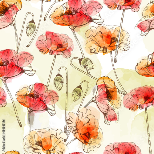 field poppies, seamless pattern_field poppies, seamless pattern, dark outline and watercolor stains, red, green, bright vector design for paper, fabric, packaging