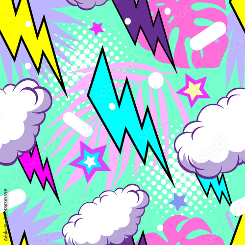 Seamless pattern comic book style. Creative fashion illustration backgrounds. Tropical elements. Hand drawn vector. 