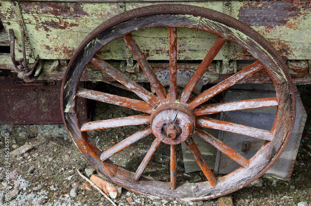 A wooden spoked wheel on an old wagon