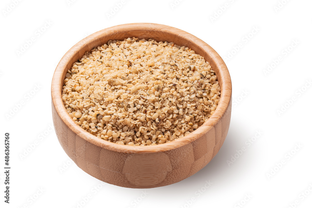 Cannabis Hemp seeds in wooden bowl isolated on white background, superfood Cannabis Hemp seeds in wooden bowl isolated on white background, superfood