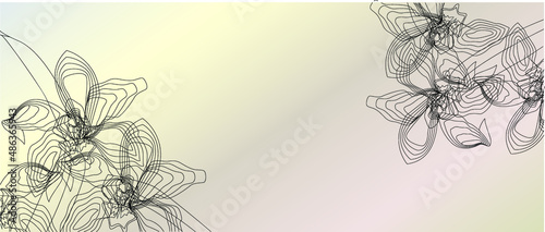 Black orchids drawn on a pearl background. Floral motif with multiplied and drawn outline (Guilloche lines). Line art design for wedding invitations, beauty shop, elegant events.