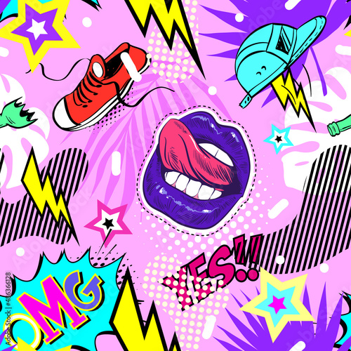 Seamless pattern comic book style. Creative fashion illustration backgrounds. Tropical elements. Hand drawn vector. 