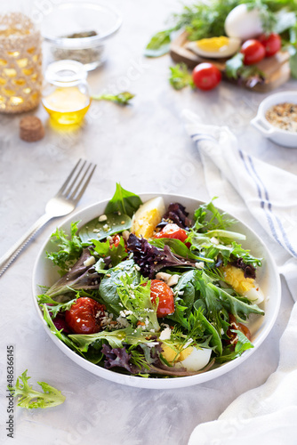 Healthy italian salad with spinach, arugula, cherry tomatoes, eggs and feta with ingredients on background.