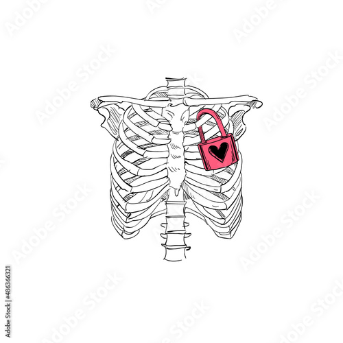 The heart is locked in the skeleton of the chest. T-shirt fashion design template. Hand drawn verctor illustration.  photo